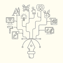 Vector graphic design pattern with linear icons. Line style designer background with place for text.  Graphic design education and learning.