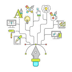 Vector graphic design pattern with linear icons. Line style designer background with place for text.  Graphic design education and learning.