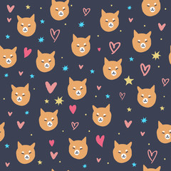 Fototapeta premium Abstract cute vector shiba inu dog and hearts pattern, puppy illustration.