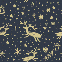 Vector festive pattern, ornament, wallpaper, wrapping paper, funny deers on dark background.