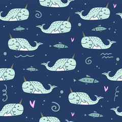 Sea life pattern, cute narwhals. Vector illustration. © Knstart Studio