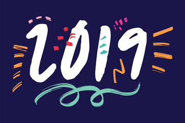 Happy New Year holiday postcard. Greeting card with inscription 2019. Vector Illustration.