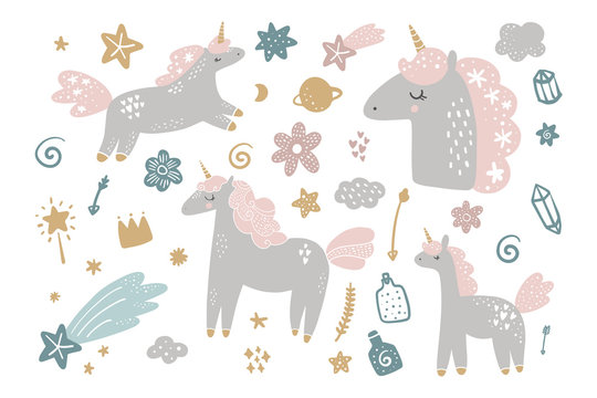 Vector illustrations of cute unicorns and magical elements.