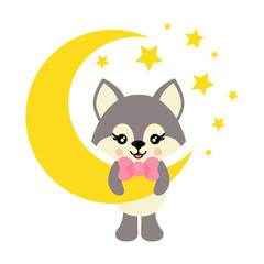 cartoon cute wolf with tie on the moon