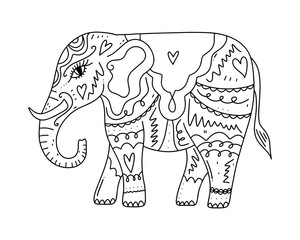 Hand drawn boho tribal style elephant. Coloring book page element, pattern, ornament. Vector illustration.