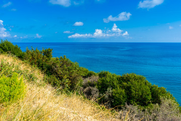 Fototapeta na wymiar Greece, Zakynthos, Amazing endless blue ocean water horizon behind green plants