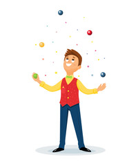 Cartoon juggler performs a circus trick.Juggler with balls.Circus performer.Vector illustration. Cartoon flat style.