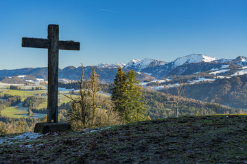 cold winter landscape  in evening light in the Allgaeu Alps near Oberstaufen, Bavaria, Germany