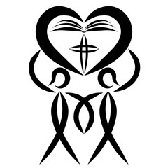 A believing couple holds a heart with an open Bible and a cross