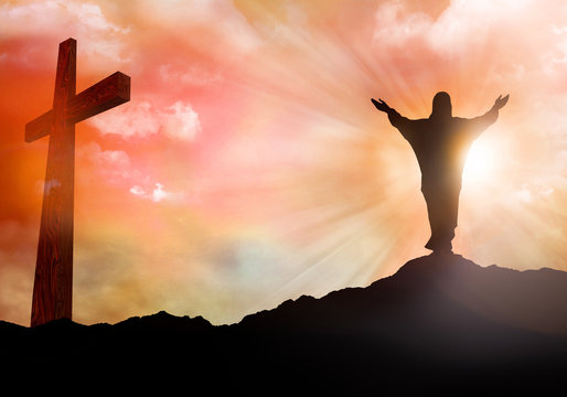 Resurrection. Jesus Christ silhouette. Christian Easter concept. Sunset with rays of light. 3d illustration