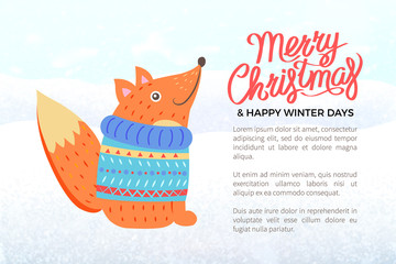 Merry Christmas Banner with Fox in Knitted Sweater