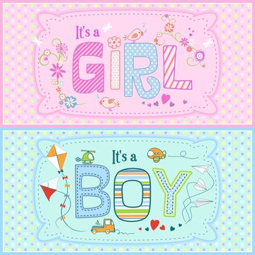 Baby shower - two cute cards for boy and girl with seamless texture with dots in the background