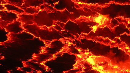 abstrakcyjne czerwono czarno żółte wzory na powierzchni lawy we wnętrzu aktywnego wulkanu - obrazy, fototapety, plakaty
