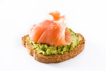 Close up avocado toast with fresh salmon on isolated on white background