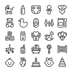 Baby toys, feeding and care icons set. Line style