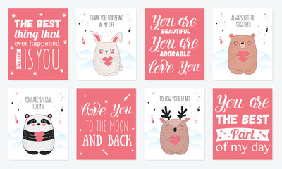 Vector line drawing postcard collection with cute animals and hearts.