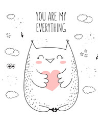 Vector line drawing poster with cute owl and heart