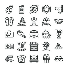 Vacation, summer and travel icons set. Line style