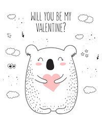 Vector line drawing poster with cute koala and heart