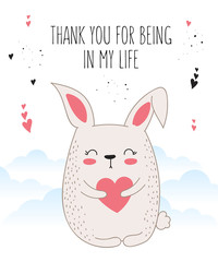 Vector line drawing poster with cute rabbit and heart