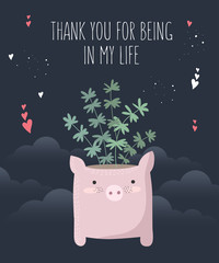 Fototapeta na wymiar Vector line drawing poster with cute pig and plant