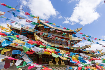 Tibetan buddhist Temple,with prayer flags Zhongdian, Yunnan - China