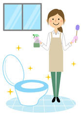 エプロンの女性　トイレ掃除