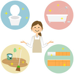 エプロンの女性　掃除