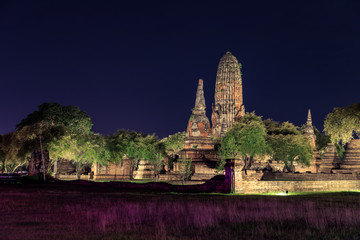 Wat Phra Ram temple light up at night Ayutthaya