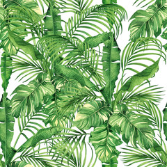 Aquarellmalerei Kokosnuss, Banane, Palmblatt, grüne Blätter nahtlose Muster Hintergrund. Aquarell handgezeichnete Illustration tropische exotische Blattdrucke für Tapeten, Textil Hawaii Aloha Dschungel Stil.