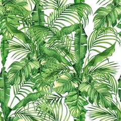 Deurstickers Woonkamer Aquarel schilderij kokos, banaan, palmblad, groen verlof naadloze patroon achtergrond. Aquarel hand getekende illustratie tropische exotische blad wordt afgedrukt voor behang, textiel Hawaii aloha jungle stijl.
