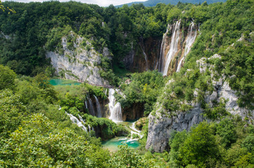 Plitvice National Park, Croatia, Europe. Amazing view over the lakes and waterfalls surrounded by forest.