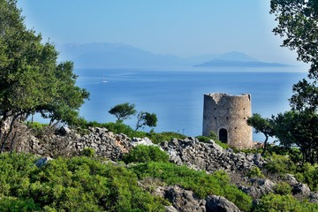 Fototapeta premium Greece, the island of Ithaki -old windmill in Kioni
