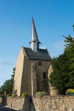 Church with leaning tower, Chapelle Saint-Gonery, Plougrescant, Cote de Granit Rose, Cotes d'Armor, Brittany, France, Europe