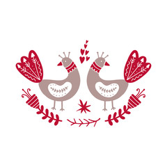 Scandinavian style birds and flowers. Vector illustration.