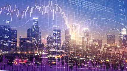 Fototapeta na wymiar Technological stock exchange chart over night city skyline
