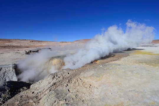 Fumaroles at the highest geothermal field in the world, Sol de Manana, Reserva Nacional de Fauna Andina Eduardo Abaroa, Sur Lipez, Potosi, Bolivia, South America