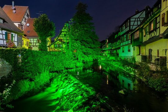 Half-timbered houses on the river Weiss, evening, Kaysersberg, Alsace Wine Route, Alsace, Haut-Rhin Department, France, Europe