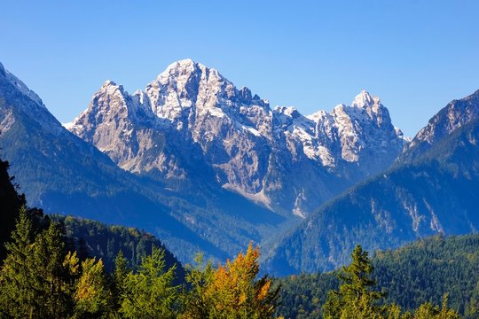 Mount Gehrenspitze with first snow, Tannheimer Berge, Schwangau, Konigswinkel, Ostallgau, Allgau, Swabia, Bavaria, Germany, Europe