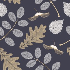 High detail skeleton leaf vector seamless pattern