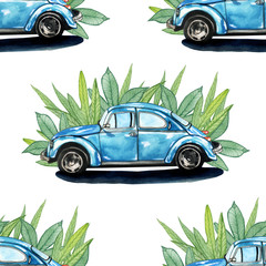 watercolor pattern with a retro car and leaves
