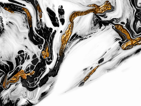 Creative Abstract Hand Painted Background, Wallpaper, Texture, Close-up Fragment Of Acrylic Painting On Canvas With Brush Strokes. Modern Art. Black And White With Gold Background. Contemporary Art.