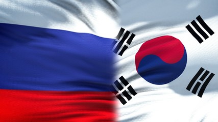 Russia and South Korea flags background, diplomatic and economic relations
