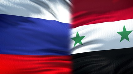 Russia and Syria flags background, diplomatic and economic relations, business