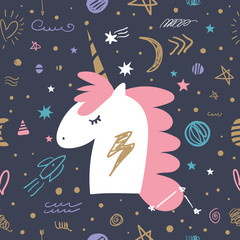 Vector doodle space pattern with unicorn. Textile or wrapping paper design.