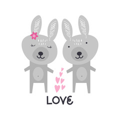 Cute cartoon rabbits, baby stylish illustration, unique print. Vector and jpg image, clipart.