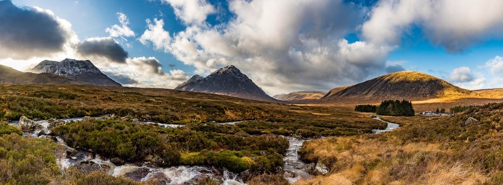 Scenic view of River Etive with Buachaille Etive Mor mountain in background