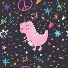Vector doodle pattern, cute dinosaur art. Textile or wrapping paper design.