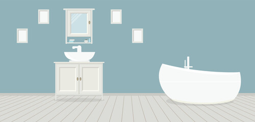 Fototapeta na wymiar Provencal style bathroom with washbasin, a wardrobe, a fashionable bath and paintings on the blue wall. Light gray wooden planks on the floor. Vector illustration