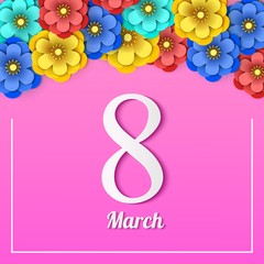 Floral 8 march greeting card. Happy Women's Day. Paper cut flower holiday frame on pink background with with figure eight. Vector illustration. Origami trendy design template. Happy Mother's Day